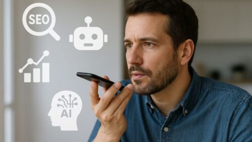 person using voice search or a digital assistant surrounded by icons