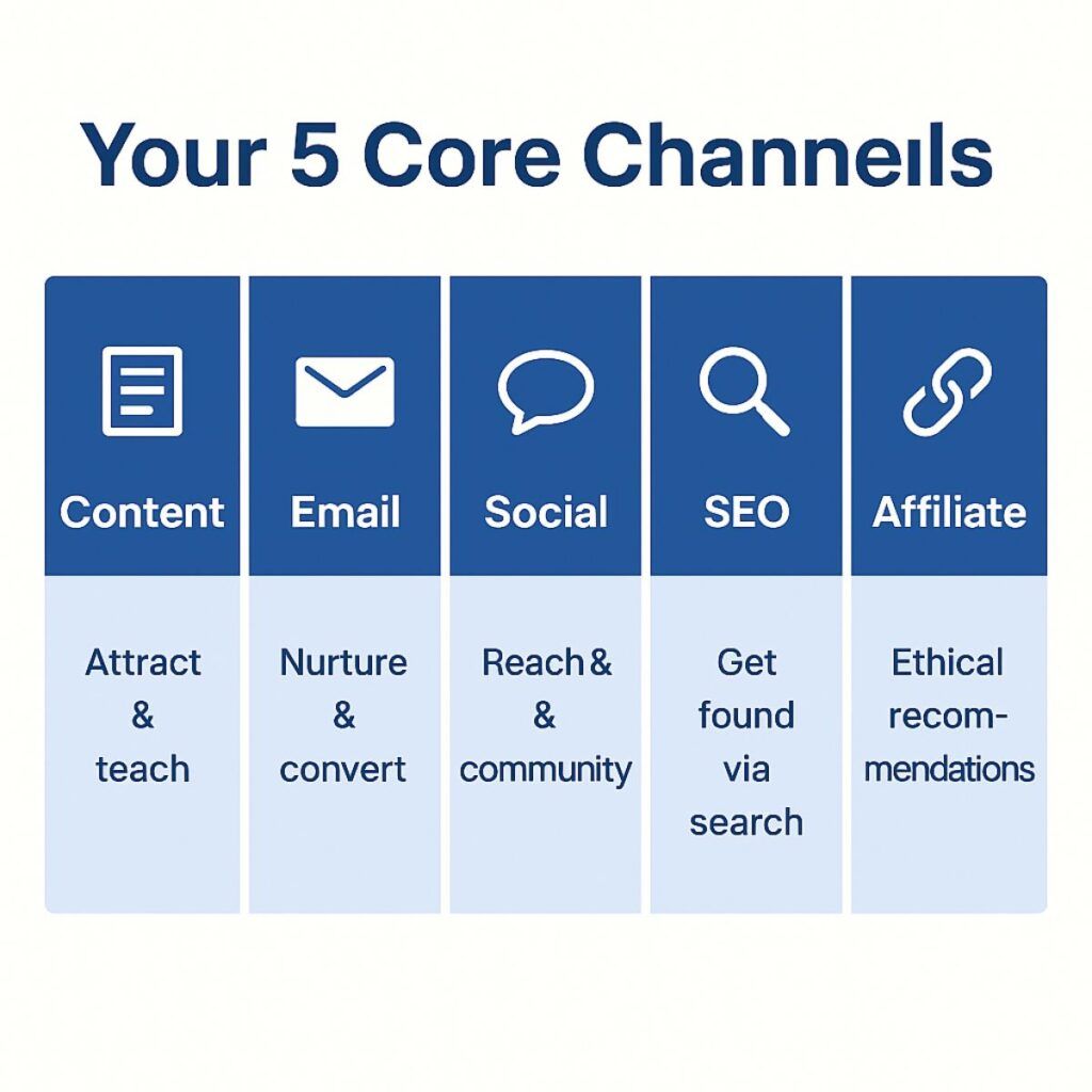 Infographic showing Content, Email, Social, SEO, Affiliate with one‑line uses.