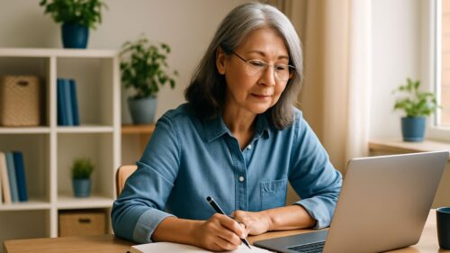 Mature person at a bright home desk with a laptop and notebook; warm natural light.